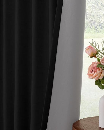 INOVADAY 100% Blackout Curtains for Bedroom, Black Out Curtains 84 Inch Long, Clip Rings Linen Blackout Drapes, Thermal Insulated Room Darkening for Living Room, 2 Panels - Black,W50xL84