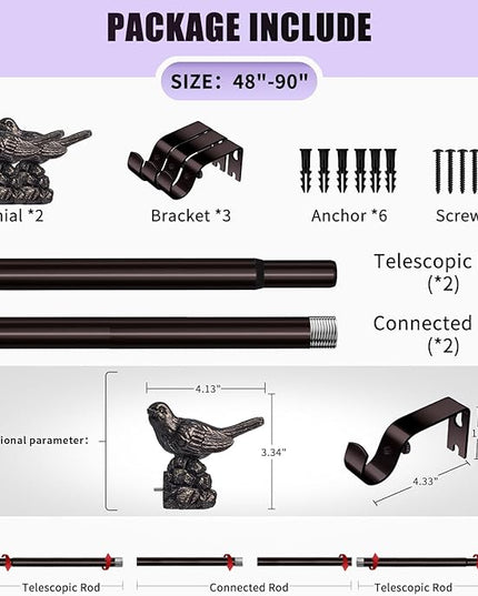 Curtain Rods 48 to 90 Inches Vintage Oil Bronze Curtain Rods for Windows Adjustable Drapery Rod with Bird Finials Heavy Duty Window Brown Curtains Rod for Living Room Bedroom