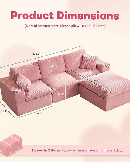 106.3” Sectional Couches for Living Room, Cloud Couch, Modular Sectional Sofa, Convertible Sofas Bed, Deep Seat Sofa, L Shaped Cozy Sofa Furniture Set, Corduroy, Pink