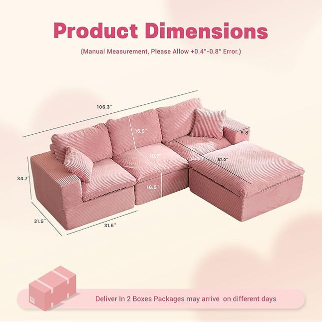 106.3” Sectional Couches for Living Room, Cloud Couch, Modular Sectional Sofa, Convertible Sofas Bed, Deep Seat Sofa, L Shaped Cozy Sofa Furniture Set, Corduroy, Pink