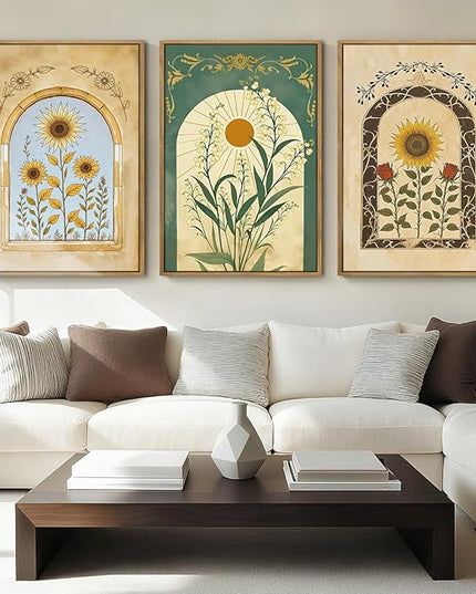 ANHUIB Vintage Boho Spiritual Wall Decor 16x24 Inch Botanical Wall Art Earthy Sunflower Illustration Set of 3 for Living Room Bedroom Office