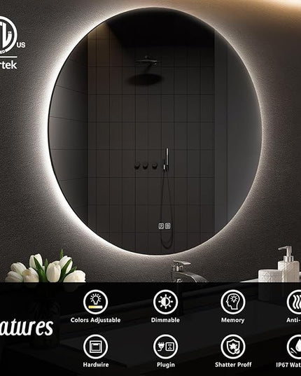 APRILSOUL 28 Inch Round LED Backlit Bathroom Mirror, Vanity Mirror with Anti-Fog, Touch Button, 3 Colors and Dimmable Light