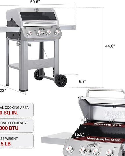 Monument Grills 4-Burner Liquid Propane Gas Grill, Silver Stainless Steel Grill Outdoor Patio Garden Barbecue Grill with Clearview® Lid and One Foldable Shelf, Mesa400MF