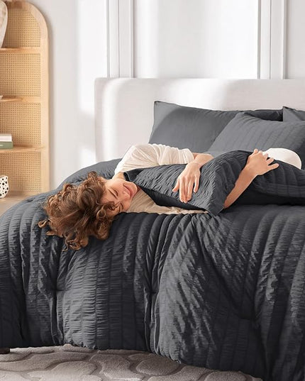 MUXHOMO 7 Pieces Full Comforter Set, Seersucker Bed in a Bag Full Size, All Season Luxury Bedding Set with Comforter, Flat Sheet, Fitted Sheet, Pillowcases & Shams, Dark Grey
