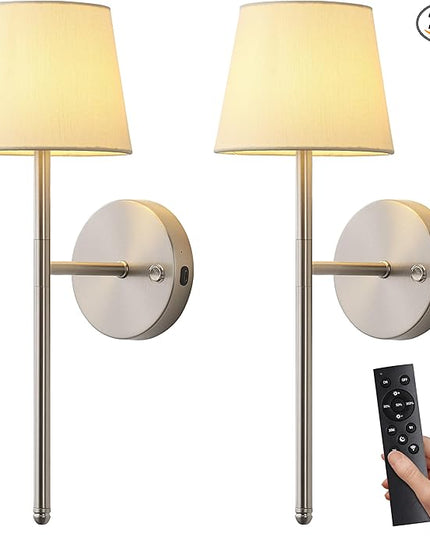 Wall Sconces Battery Operated Set of Two, Small Rechargeable Wall Lights with Remote, 5200mAh Fabric Shade Cordless Wall Lamp for Bedroom, Hallway, Living Room, Dining Room, Picture (Silver)