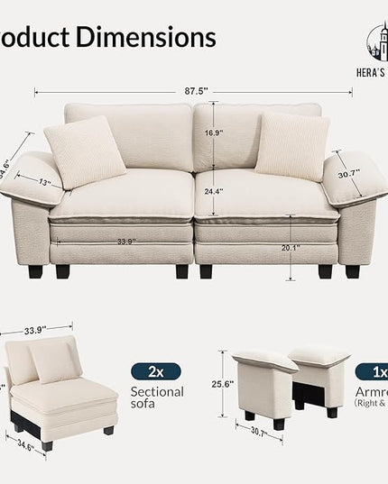 HERA'S HOUSE 88" Modular Sectional Sofa, Loveseat Couches for Living Room, Comfy Cloud Couch 2-Seater Deep Seat Sofa with Throw Pillow, Chenille Beige