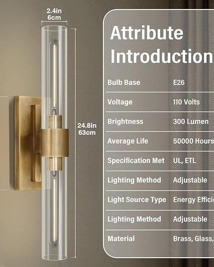 Wall Sconces Set of Two, Brass Wall Lights for Bathroom Vanity, 22.8" Gold Sconces 2-Light, Indoor Brass Wall Sconces for Bathroom Mirror, Vanity, Bedroom, Living Room