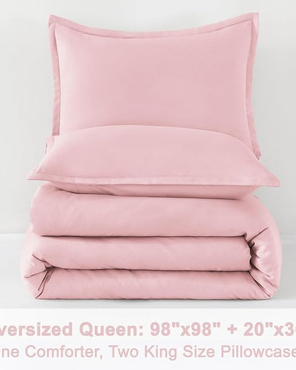 Litanika Comforters Pink Oversized Queen Size, 3 Pieces Lightweight Solid Bedding Set & Collections, All Season Fluffy Bed Set (98x98In Comforter & 2 Pillowcases)