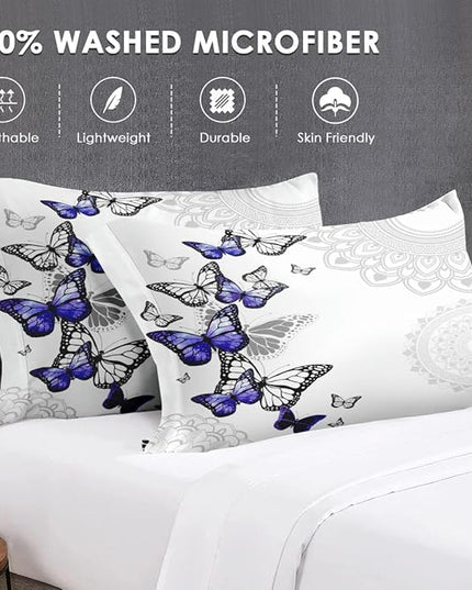 Twin Size Comforter Set with Pillowcase, Summer Spring Purple Butterfly 2 Pcs Bedding for Kids and Adults, Abstract Circular Mandala Floral Soft Comforter Set for Bedroom Bed Decor