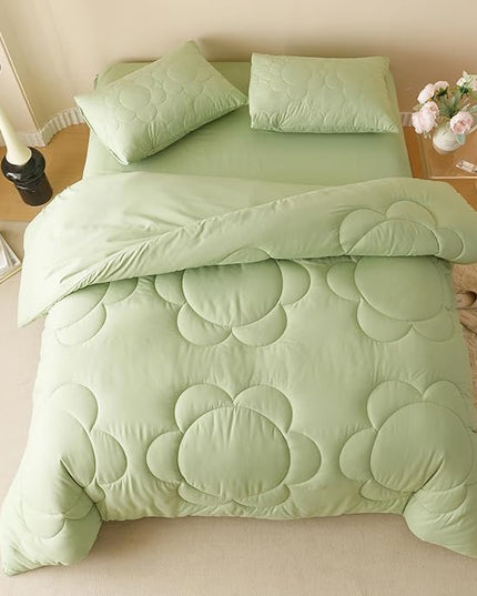 Houseri Sage Green Floral Comforter Set King Sunflower Light Green Fluffy Quilted Comforters King Size Ultra Comfy Bedding Sets Soft Breathable
