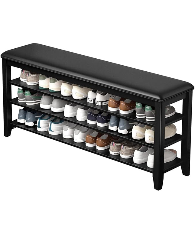 Shoe Bench Storage Rubberwood with Leather Cushion for Entryway Bench Ideal for Hallways Shoe Rack Front Doors Entrances Mudrooms Featuring 3 Height-Adjustable and Removable Shelves