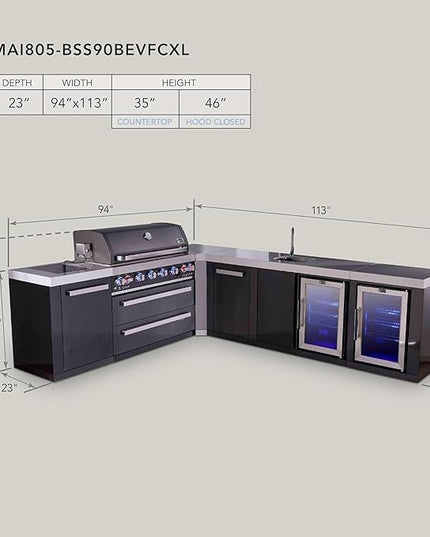 Mont Alpi MAi805-BSS90BEVFCXL 6-Burner 94"x113" L-shaped Premium Black Stainless Steel Outdoor Kitchen Island BBQ Gas Grill + Beverage Center Sink & Faucet + Fridge + Granite Countertops + Rotisserie