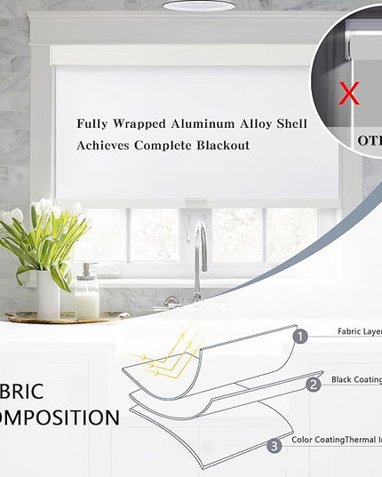 AOSKY Blackout Roller Shades Cordless Blinds for Windows, Free-Stop Shades with Valance, Thermal Insulated Fabric, UV Protection, Natural Woven Blinds for Home and Office (28" W x 72" H, White)