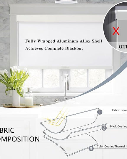 AOSKY Blackout Roller Shades Cordless Blinds for Windows, Free-Stop Shades with Valance, Thermal Insulated Fabric, UV Protection, Natural Woven Blinds for Home and Office (25" W x 72" H, White)