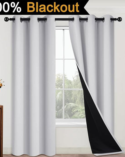 Yakamok 100% Blackout Curtains 84 Inches Long, 2 Thick Layers Heat and Full Light Blocking Soft Thermal Insulated Drapes for Bedroom(42" Wide Each Panel, Greyish White, 2 Panels)