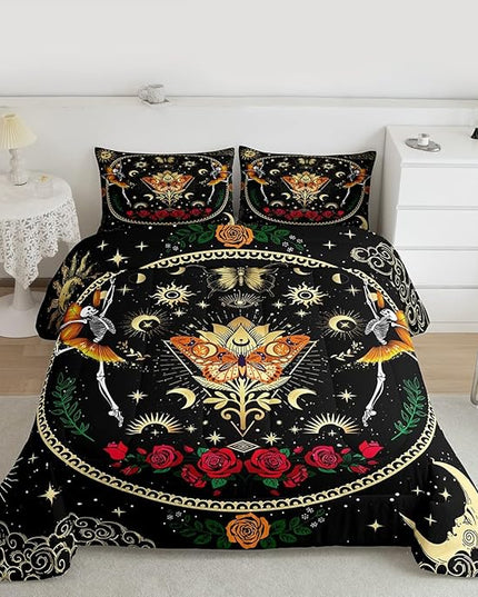 Sun Moon Kids Comforter Set King Size,Starry Sky Galaxy Trippy Bedding Set,Boys Girls Adults Room Decor,Butterfly Skull Rose Flowers Romantic Down Comforter,Watercolor Duvet Insert,2 Pillowcases