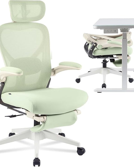 FLEXISPOT Foldex Ergonomic Office Chair, Folding Chair for Small Spaces with Lumbar Support, Flip-up Armrests, 3D Headrest, Desk Chairs with Footrest for Work,Video Game (Foam Seat, Green)