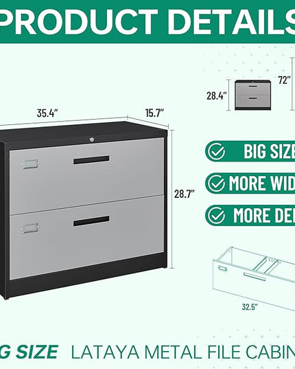 Letaya File Cabinet with Lock-Lateral 2 Drawer Metal Filing Cabinets-Organization Storage Cabinets for Home Office-Hanging Letter/Legal/F4/A4 Size (2 Drawer-Grey Black)
