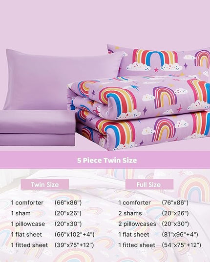 Twin Comforter Set for Girls-5 Pieces Purple Rainbow Glow in The Dark Twin Bedding Sets for Kids, Ultra Soft Bed in A Bag with Sheets