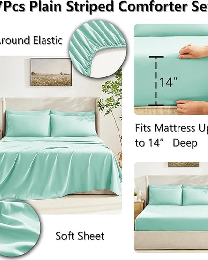 CozyLux Queen Comforter Set Mint Green, 7 Pieces Bed in a Bag, Green Comforter Queen Size, All Season Bedding Sets with Stitch Quilted Comforter, Flat Sheet, Fitted Sheet, Pillowcases