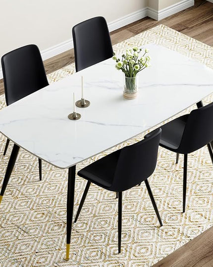 White Dining Table Set for 4, Sintered Stone Dining Room Sets for 4, Easy to Assemble
