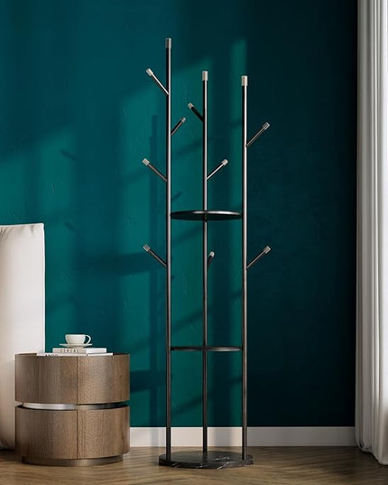metal Coat Rack whit Marble base,heavy duty coat hanger Stand, Freestanding Coat Racks with 3 Shelves and 9 Hooks,Coat Tree for Entryway, Bedroom, Coats, Bags,purse