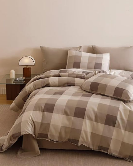 Luxlovery Gingham Khaki Comforter Set Queen Checkered Bedding SetWomen Men Bedding Grid Bedding Set Fluffy Soft Cottagecore Khaki and Cream Coffee Blanket Quilts with 2 Pillowcases