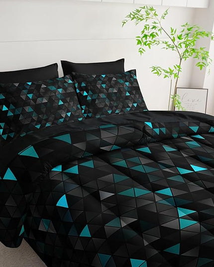 Geometric Turquoise Black Triangle Queen Comforter Set, Light Honeycomb Bedding Set 7 Piece in A Bag,Bed Sheet Set Geometry Decor,Microfiber Lightweight All Season
