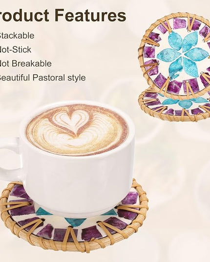 uxcell 2Pcs Handmade Woven Rattan Coasters, Heat-Resistant Drink Coasters for Coffee Table Dining Room Kitchen Coffee Wine Decor, Blue Petal