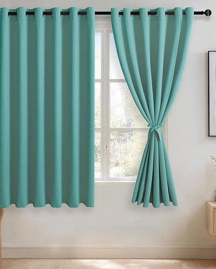 JIUZHEN Turquoise Blackout Curtains with Tiebacks Thermal Insulated, Light Blocking and Noise Reducing Grommet Curtains for Bedroom and Living Room, Set of 2 Window Curtain Panels, 70 x 63 Inch Length