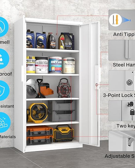 Metal Garage Storage Cabinet with Lock, 72" Tall Steel Storage Locker with 4 Adjustable Shelves, Heavy Duty Metal Cabinet for Garage, Office, Home, White