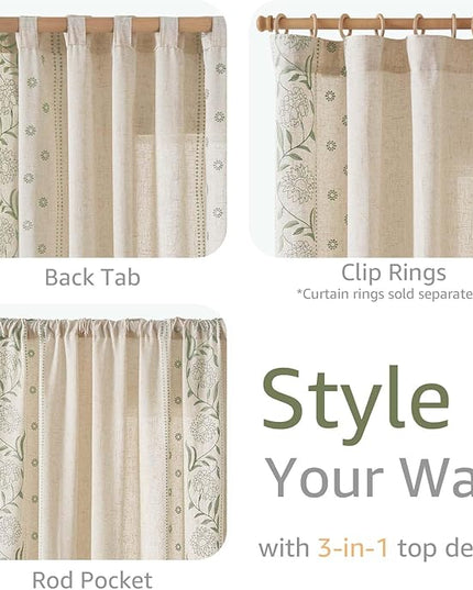 jinchan Winslow Linen Curtains for Bedroom 108 Inches Length Embroidered Bordered Floral Curtains for Living Room Farmhouse Decor Light Filtering Window Treatments Sage on Beige Drapes 2 Panels