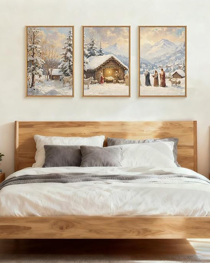 HOURIA Christian Christmas Nativity Framed Canvas Wall Art Set,Religious Mary Joseph & Jesus Christ Biblical Decor,Holy Family Star of Bethlehem Winter Artwork for Living Room,Church,Holiday-16"x24"x3