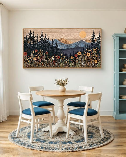Houria Mid Century Woodland Mountain Framed Canvas Wall Art Set,Vintage Natural Sunset Wildflower Forest Field Decor,Wilderness Boho Floral Pine Tree Landscape Artwork for Living Room,Office-20"x40"x1