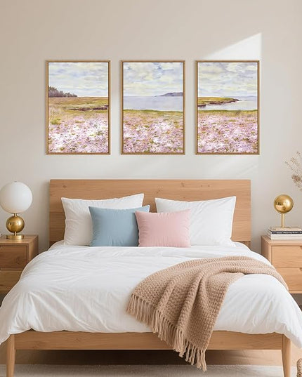 HOURIA Watercolor Pink Floral Coastal Landscape Framed Canvas Wall Art Set,Nature Inspired Wildflower & Meadow Cottage Field Wall Decor,Modern Seaside Beach Artwork for Living Room,Farmhouse-16"x24"x3