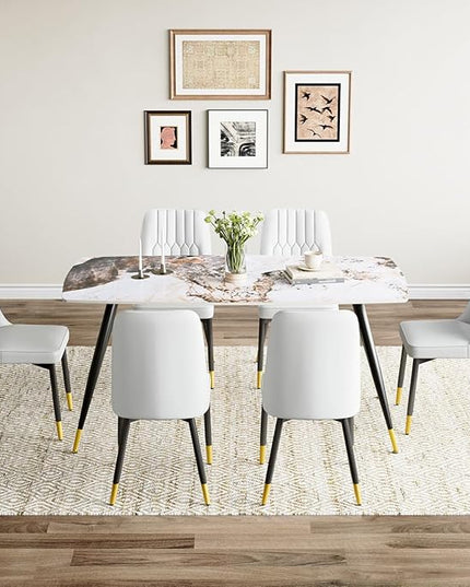 Modern Dining Set for 6, Sintered Stone Table Top, White Chairs, 62'' W x Unknown H x D, Dining Room