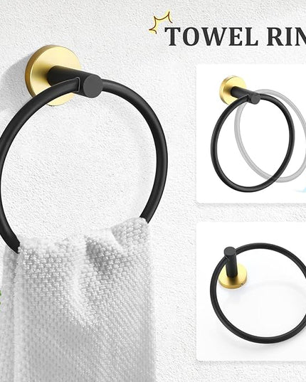 TURS Black and Gold Bathroom Hardware Set 5 Piece, SUS304 Stainless Steel Gold Black Towel Bar Set, 24 Inch Bathroom Accessories Kit Wall Mounted