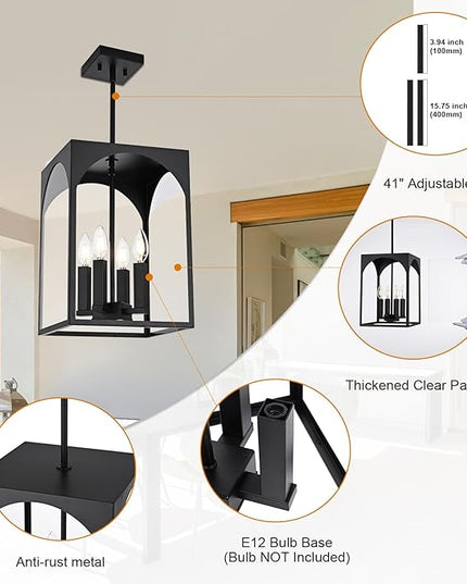 VINLUZ Large Outdoor Indoor Pendant Light 4-Light, Classic Black Finish Metal Chandelier Outside Hanging Fixture Ceiling Mount with Clear Glass Shade for Front Porch Entrance Foyer