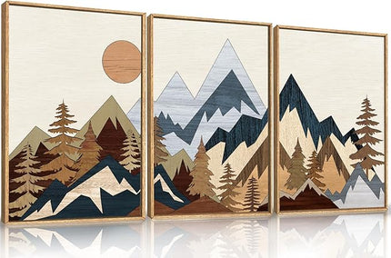 HOURIA Mid Century Mountain Woodland Framed Wall Art Set,Boho Sunrise Pine Tree Wall Decor,Wilderness Nature Forest Artwork,Modern Woodcut Field Art Print for Living Room,Bedroom,Office- 24"x36"x3
