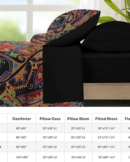 Nesker 7 Pcs Comforter Set Full Size, Paisley Boho Plant Bedding Set for Kids and Adults, Bohemian Retro Floral Bed Sheet Sets with Fitted Sheet 2 Pillowcases & 2 Shams