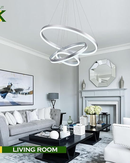 3-Rings D23.6 Modern LED Chandelier Silver Dimmable Pendant Lighting with Remote Control Circular Flush Mount High Ceiling Light for Dining Room Living Room Bedroom Entrance Foyer, 3000K-6500K