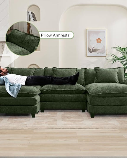 120" Modular Sectional Sofa, Comfy Cloud Couch Sectional Sofa with Ottoman, Chenille Sofa Sleeper Deep Seat Sofa with Throw Pillows for Living Room (Green, 120"- U Shape)