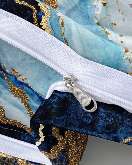Royal Blue Marble Duvet Cover Set Full Size Sequin Gold Bedding Comforter Covers with 2 Pillow Shams Breathable Durable Soft Comfy