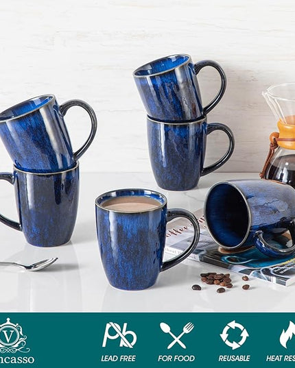 vancasso STARRY Ceramic Coffee Mug Set of 6, 16 Oz Tea Cups with Handle for Latte, Tea, Cappuccino, Milk, Cocoa, Microwave&Dishwasher Safe, Blue