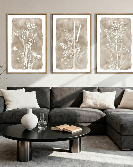 ANHUIB Extra Large Beige Floral Wall Art 24x36 Inch Neutral Floral Wall Decor Vintage Flower Artwork for Living Room Bedroom Office Set of 3