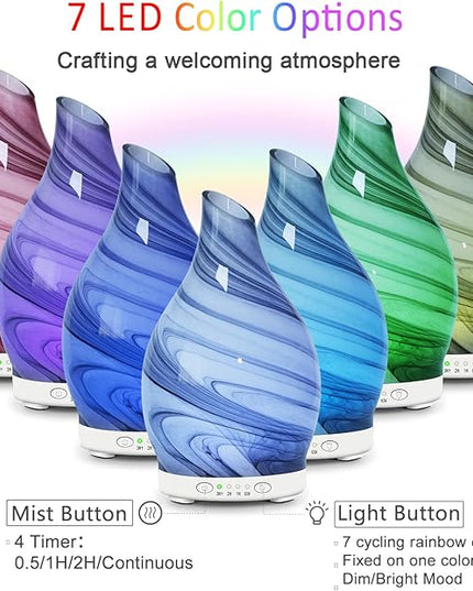Essential Oil Diffuser 120ML, Glass Aromatherapy Diffuser with 4 Timer Settings & 7 Color Changing Lights, Waterless Auto Shut-Off, Ultra Quiet Oil Diffuser for Home, Office, Yoga, Spa and Sleeping