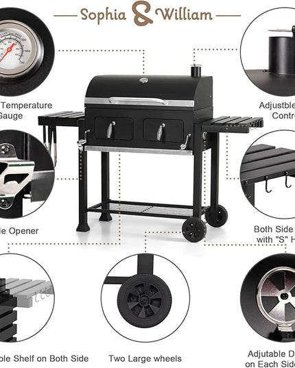 Sophia & William Extra Large Charcoal BBQ Grills with 794 SQ.IN. Cooking Area, Heavy Duty Outdoor Barbecue Grill with 2 Individual Lifting Charcoal Tray and 2 Foldable Side Table, Black