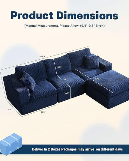 106.3” Sectional Couches for Living Room, Cloud Couch, Modular Sectional Sofa, Convertible Sofas Bed, Deep Seat Sofa, L Shaped Cozy Sofa Furniture Set, Corduroy, Blue