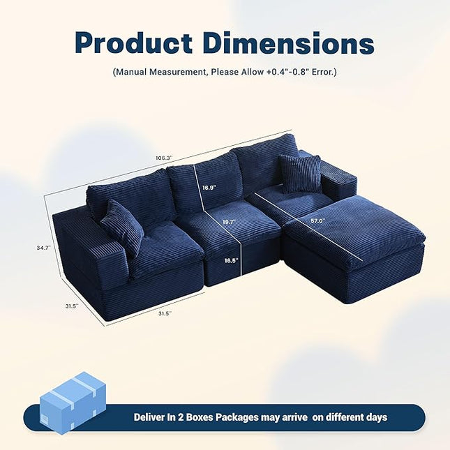 106.3” Sectional Couches for Living Room, Cloud Couch, Modular Sectional Sofa, Convertible Sofas Bed, Deep Seat Sofa, L Shaped Cozy Sofa Furniture Set, Corduroy, Blue