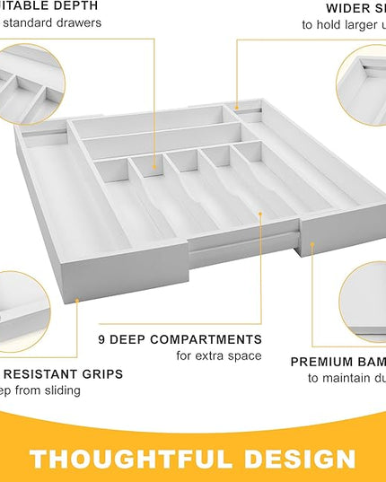Large Premium Bamboo Silverware Organizer - Expandable Drawer Organizer & Utensil Organizer - 17"x19.7" Cutlery Tray with Dividers for Kitchen Utensils and Flatware (7-9 Slots) (White)
